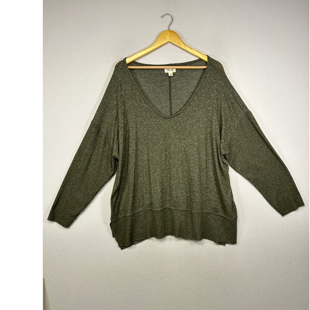 Cozy Boho Per Se Women 1X Olive Green V-Neck Oversized Marled‎ Knit Sweater